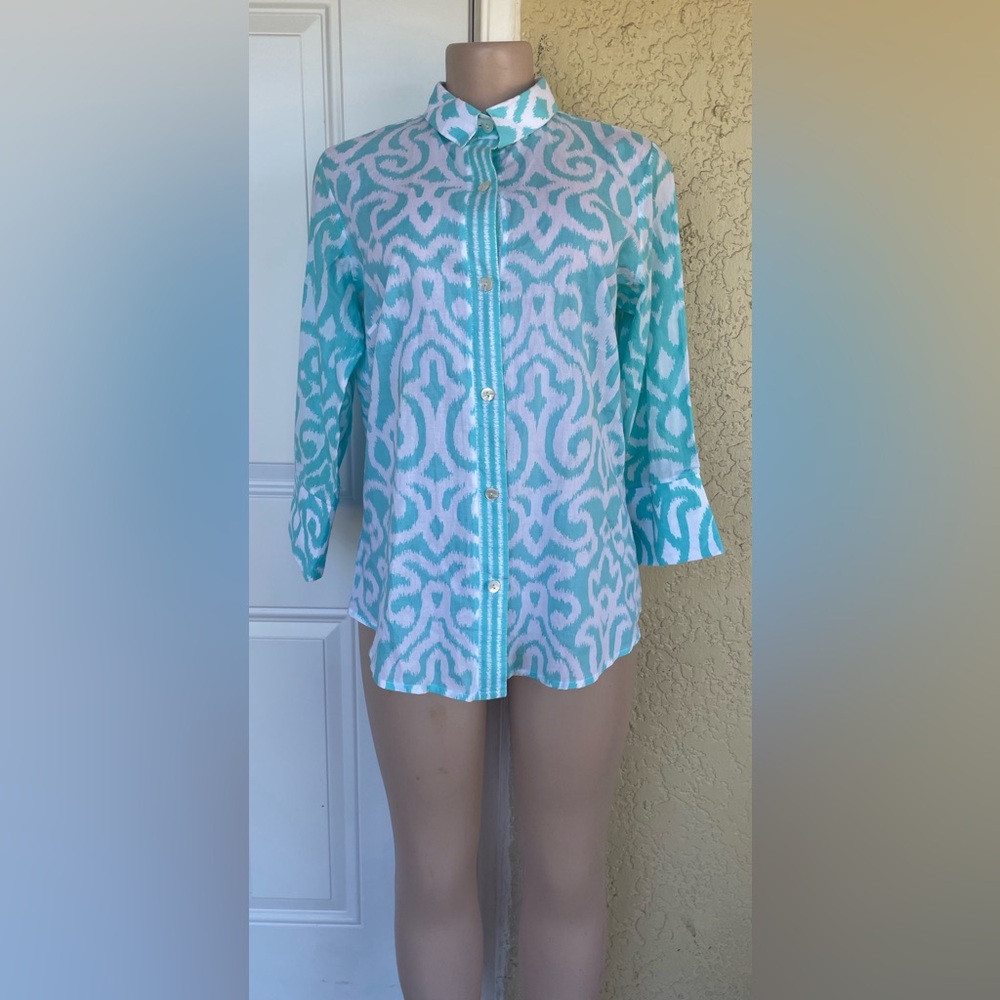 Gretchen Scott Designs Turquoise and White Button Down Shirt